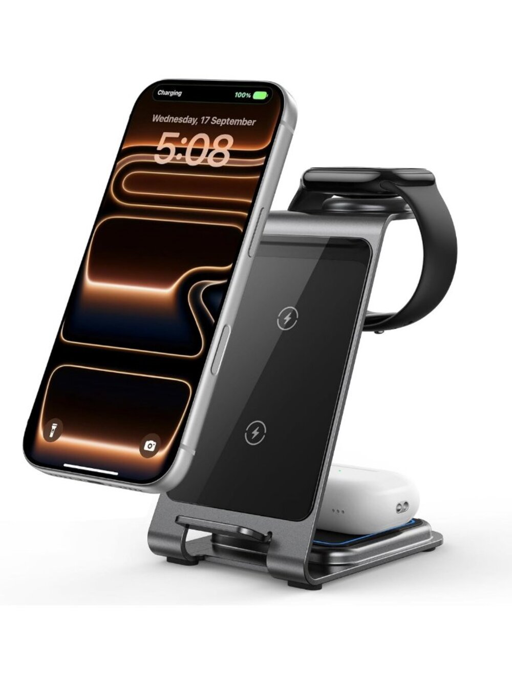 3-in-1 Wireless Charging Station for iPhone, Apple Watch & AirPods - Grey